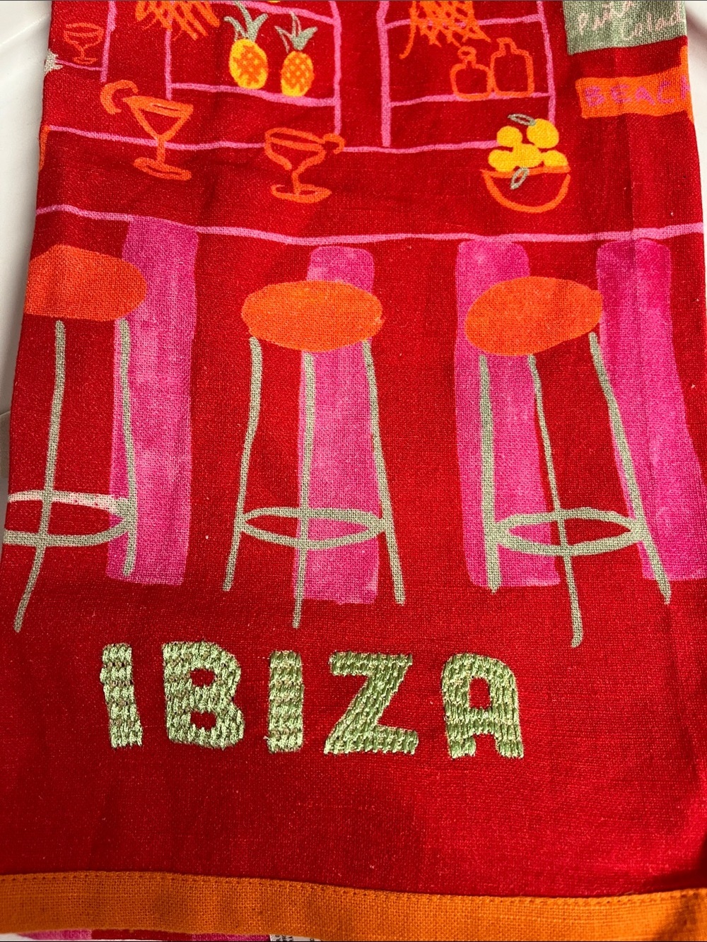 Anthropologie Ibiza Pink & Red Striped Beach Towel with Bar Graphic - Picture 3 of 4